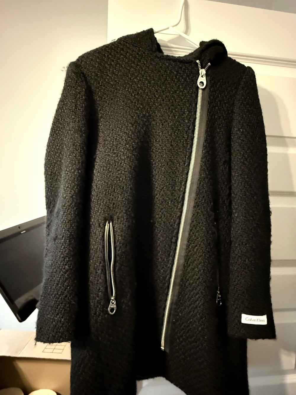 Calvin Klein Black Bouclé Zip-Front Jacket with hood
